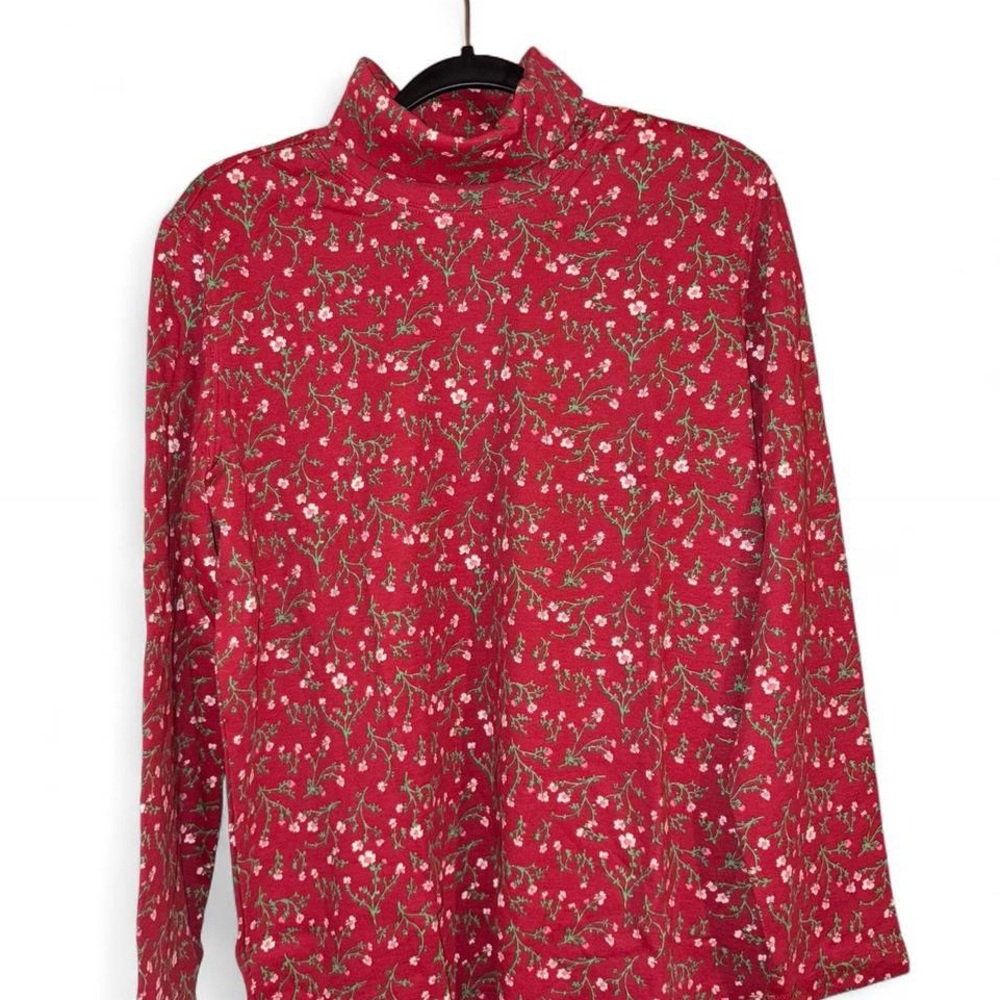 Blair Red Floral Mock Neck Top | Long Sleeve Retro Cottagecore (Size L)